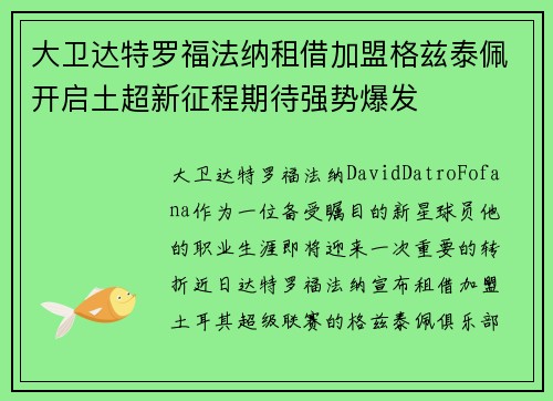 大卫达特罗福法纳租借加盟格兹泰佩开启土超新征程期待强势爆发