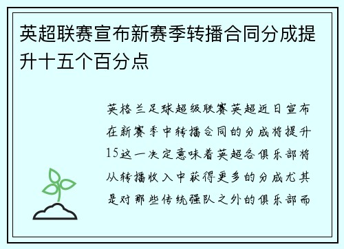 英超联赛宣布新赛季转播合同分成提升十五个百分点