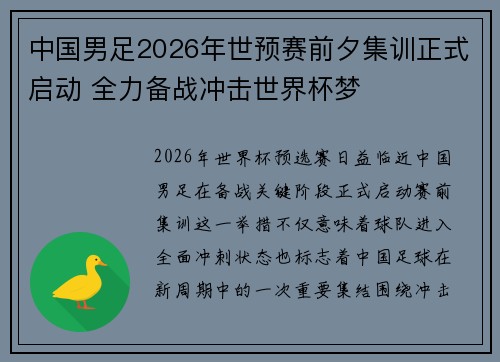 中国男足2026年世预赛前夕集训正式启动 全力备战冲击世界杯梦