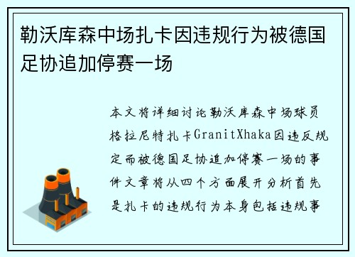 勒沃库森中场扎卡因违规行为被德国足协追加停赛一场