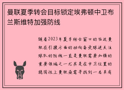 曼联夏季转会目标锁定埃弗顿中卫布兰斯维特加强防线
