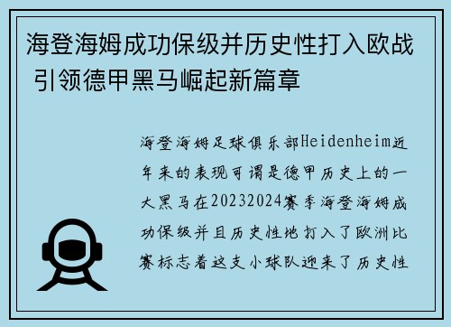 海登海姆成功保级并历史性打入欧战 引领德甲黑马崛起新篇章